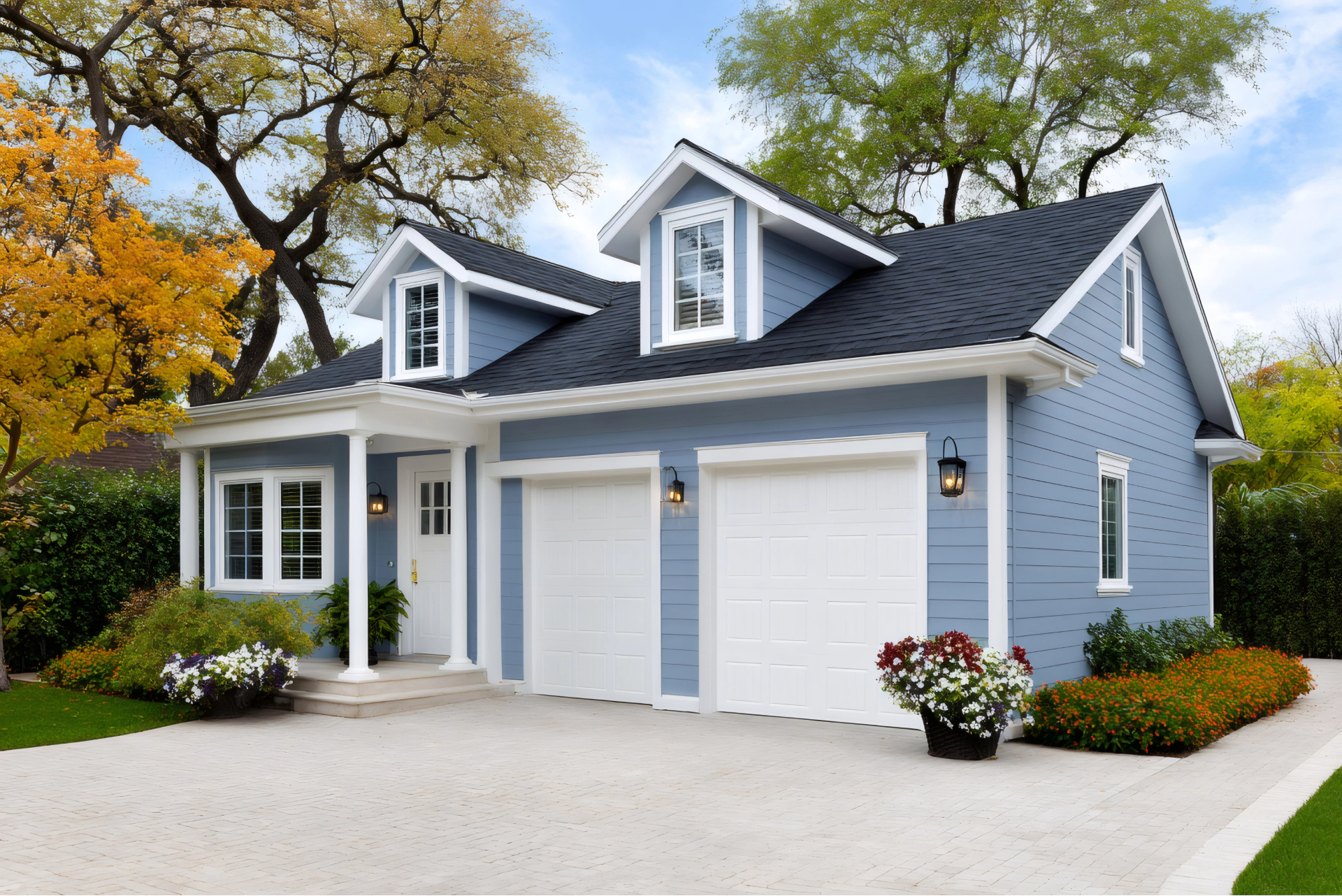 suburban house exterior featuring blue siding and double garage doors